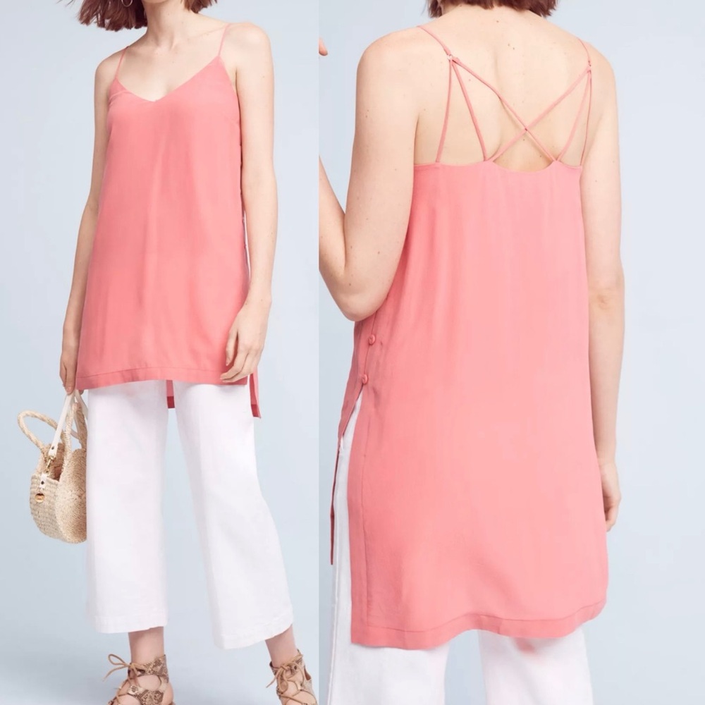 Anthro Maeve Naya Silk Longline Tunic Coral Pink Strappy Camisole 10